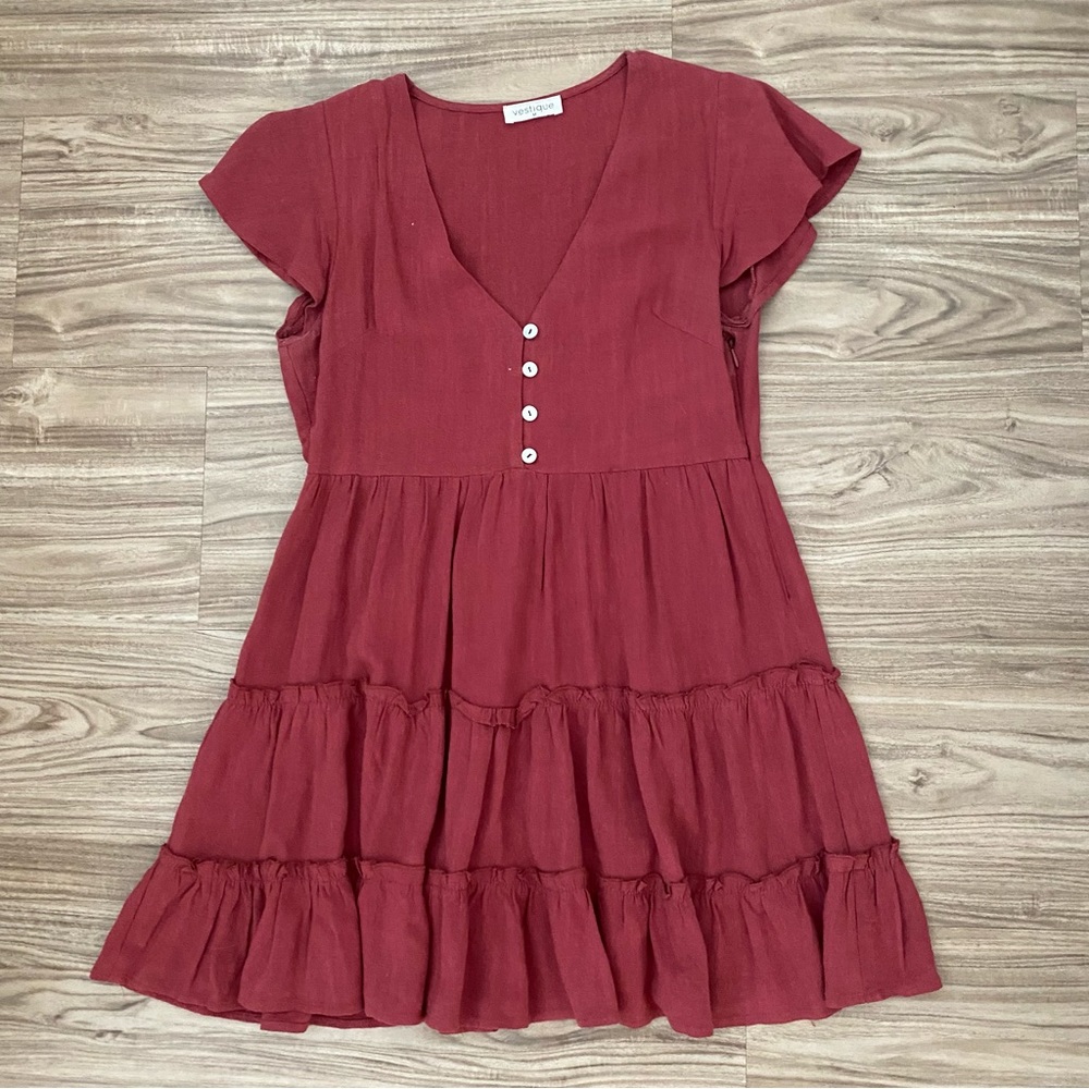 Dark red/maroon short sleeve button front tiered sundress